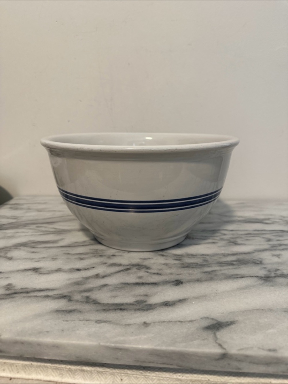 White Ceramic Mixing Bowl with Blue Stripes heavy